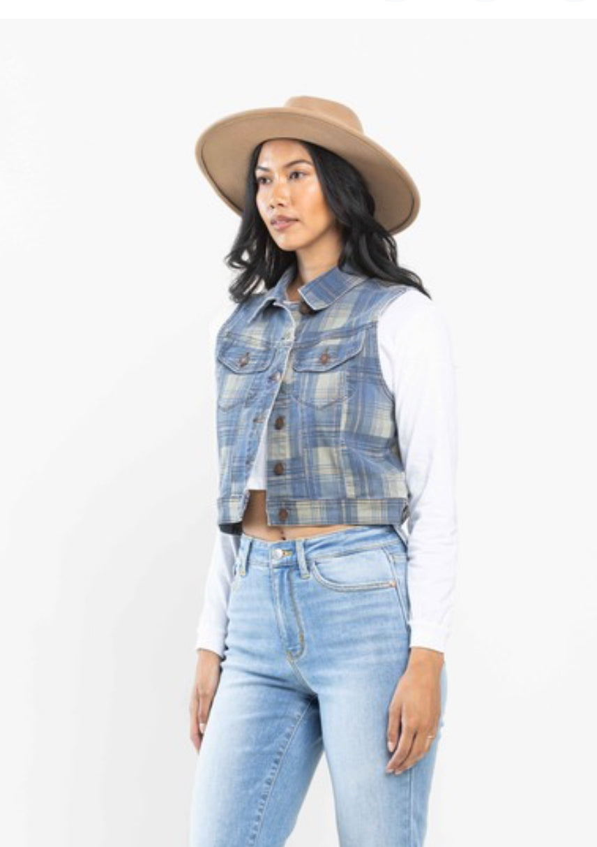 Vintage plaid denim vest