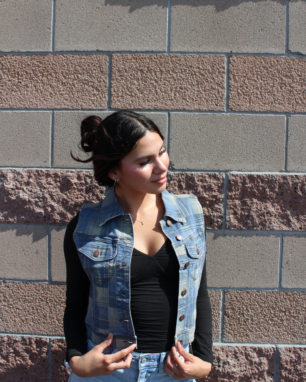 Vintage plaid denim vest